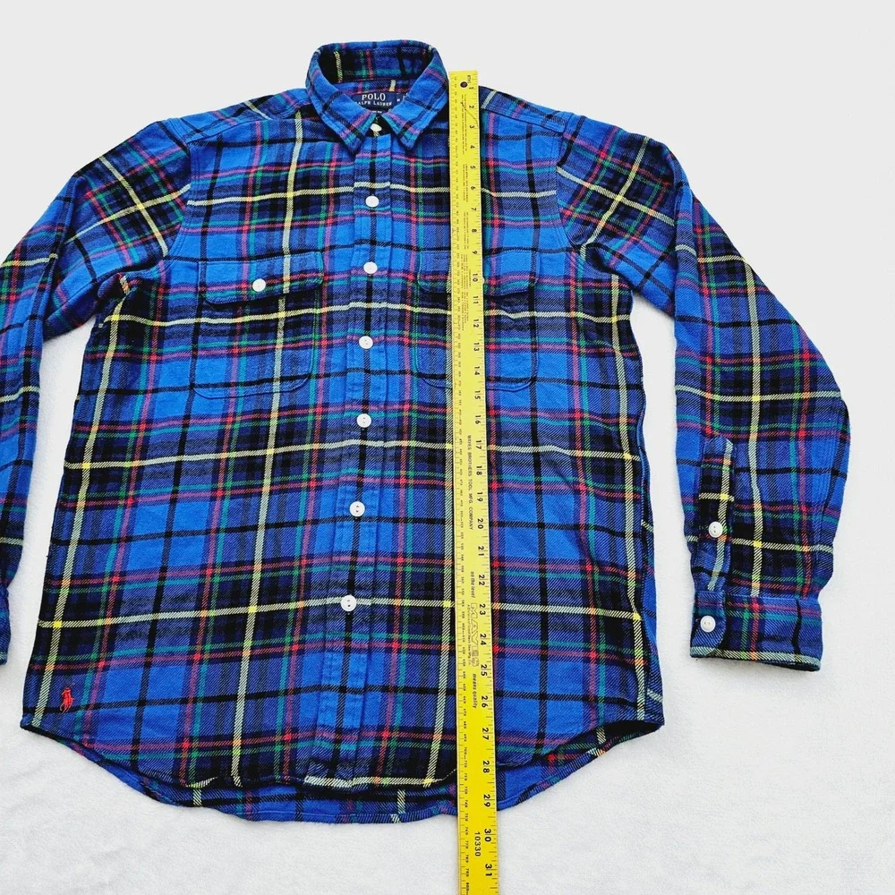 Polo Ralph Lauren Flannel Shirt Mens Medium Blue Plaid Classic Fit Cotton Tartan